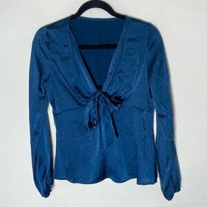 Blue Silk Long Sleeve Tie Front V Neck Blouse S